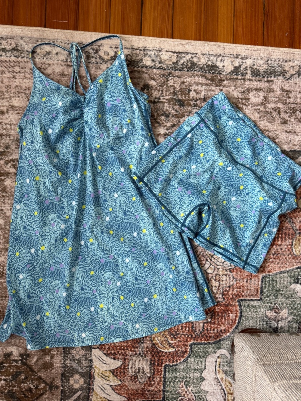 Matching Dress & Shorts Set Size Medium Blue Pattern Athletic Casual